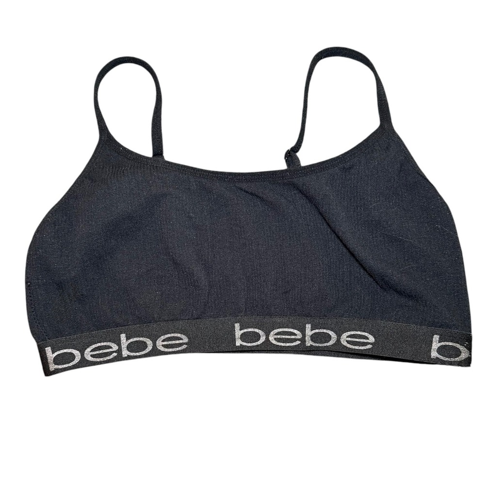 Bebe Black Bralette Silver Glitter Logo Elastic Band Adjustable Straps Small